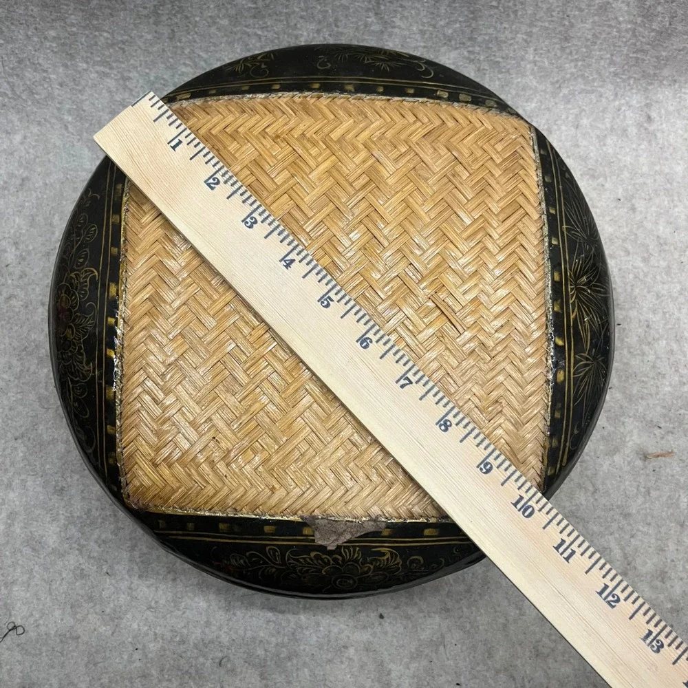 Vintage Hand Painted Black and‎ Gold Lacquer Woven Straw Asian Nesting Boxes Set